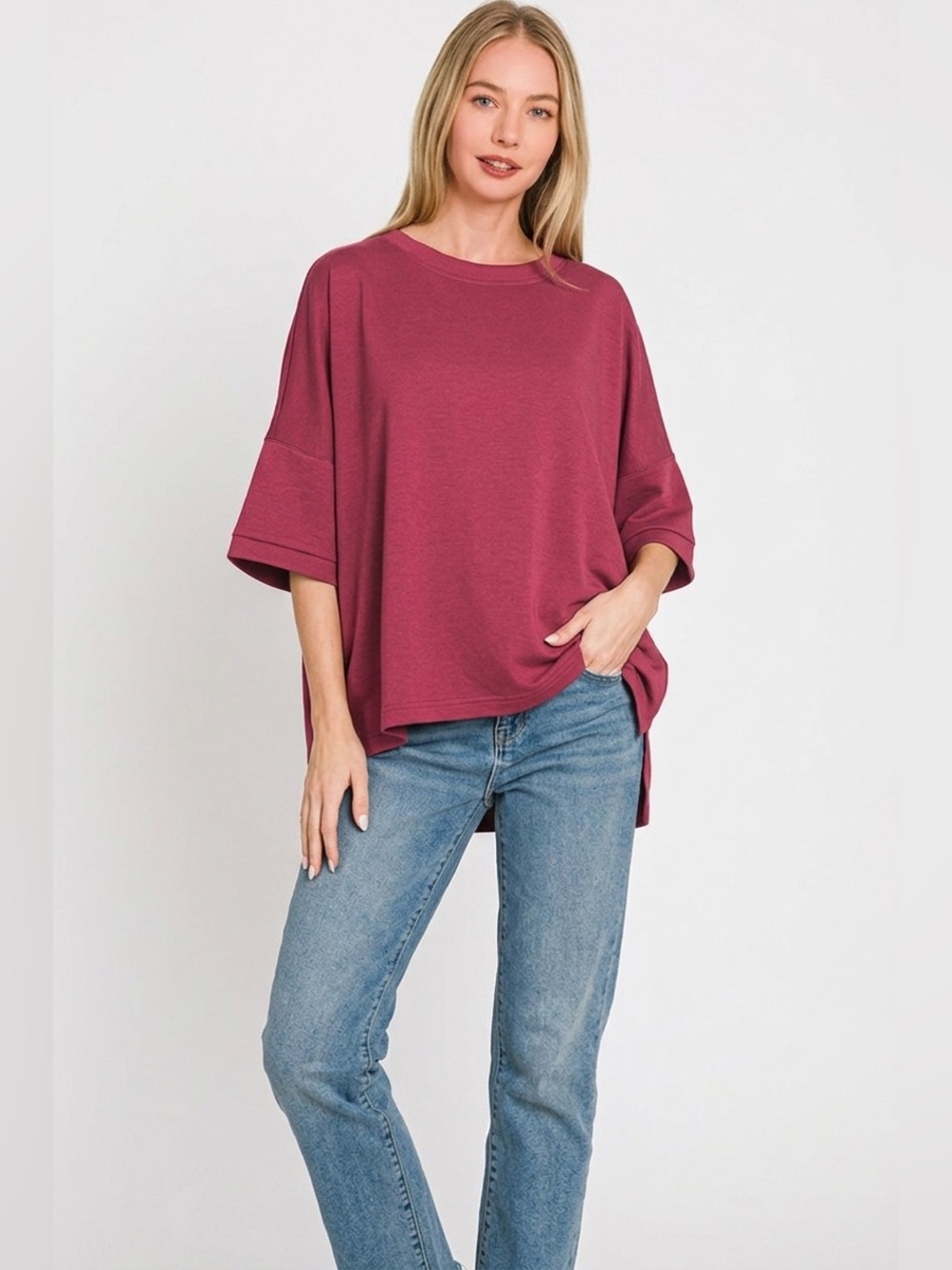 Zenana Scuba Oversized Top Side Slits Dusty Cabernet Plus Size S/M–3XL🛍️